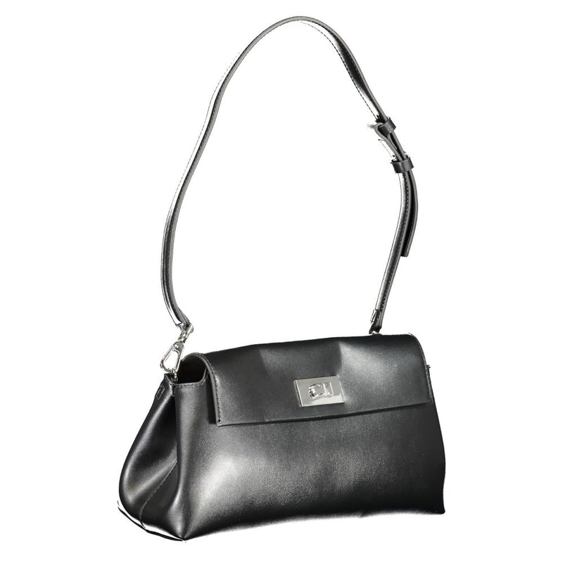 Black polyurethane women's shoulder bag with a flap closure and shoulder strap