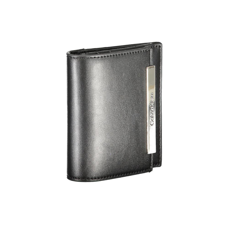 Black polyurethane Calvin Klein women's wallet with a vertical silver logo bar