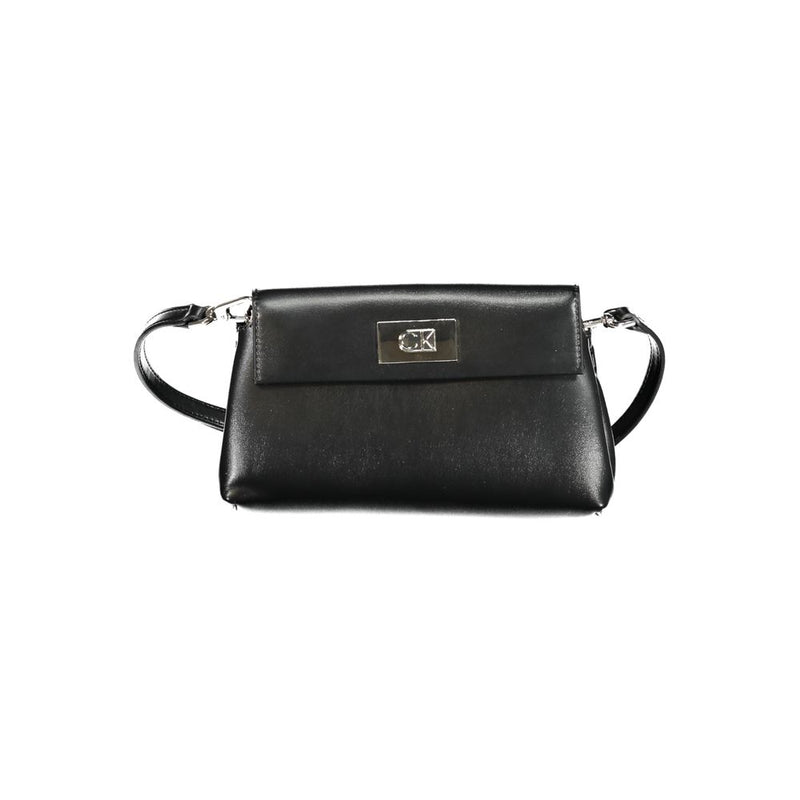Black polyester Calvin Klein shoulder handbag with flap closure and silver CK logo plaque