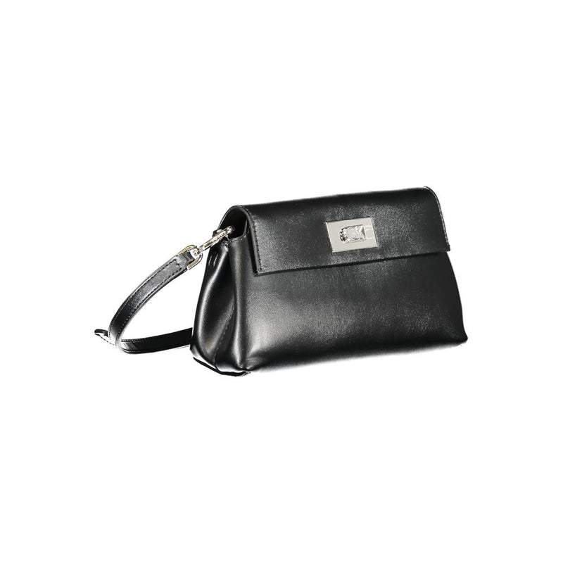 Black Calvin Klein polyester handbag with a structured flap and silver logo clasp