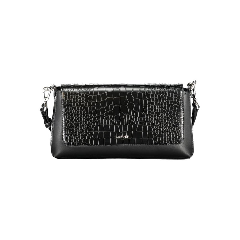 Black polyurethane shoulder handbag with a glossy crocodile-embossed flap closure and silver hardware