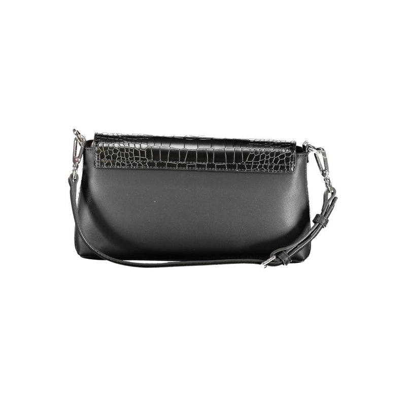 Black polyurethane women shoulder handbag with croc-embossed flap