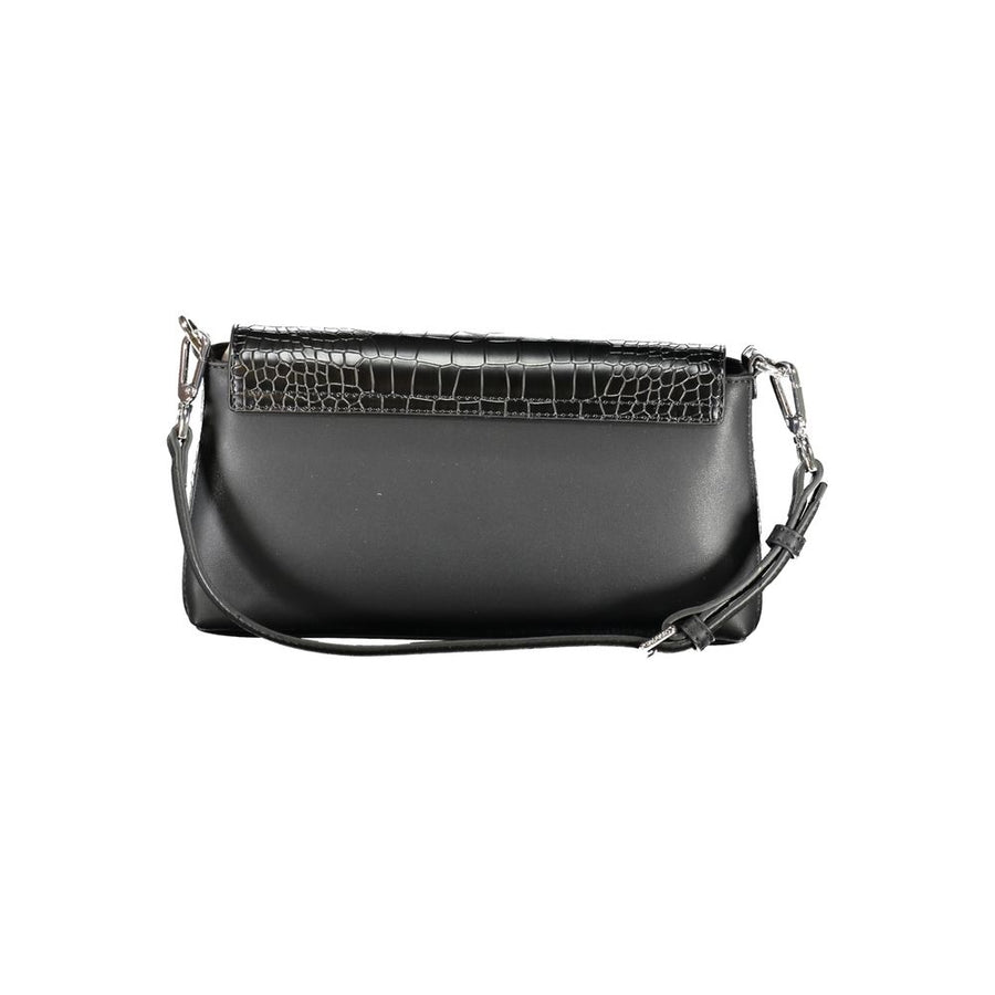 Black polyurethane shoulder handbag with a glossy crocodile-embossed flap closure and silver hardware