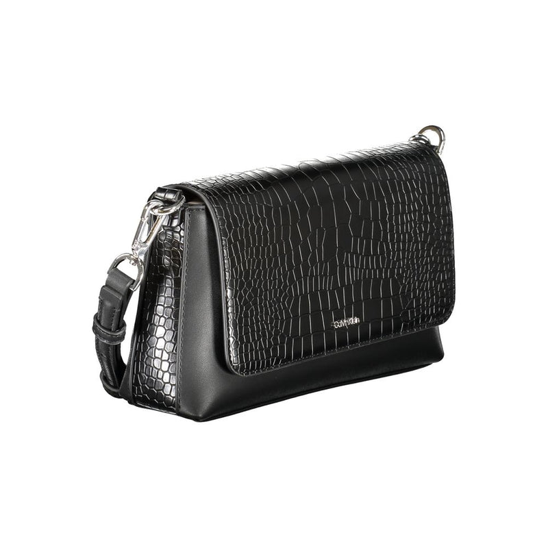 Black faux leather crocodile texture shoulder bag with a flap closure
