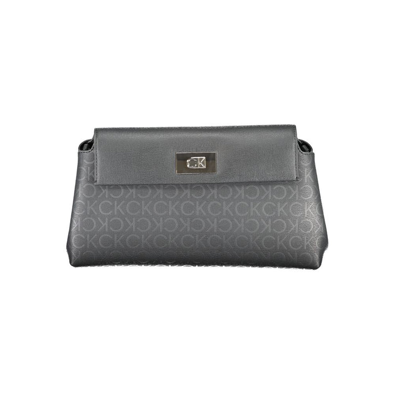 Black polyester women's shoulder bag with CK logo pattern and flap closure