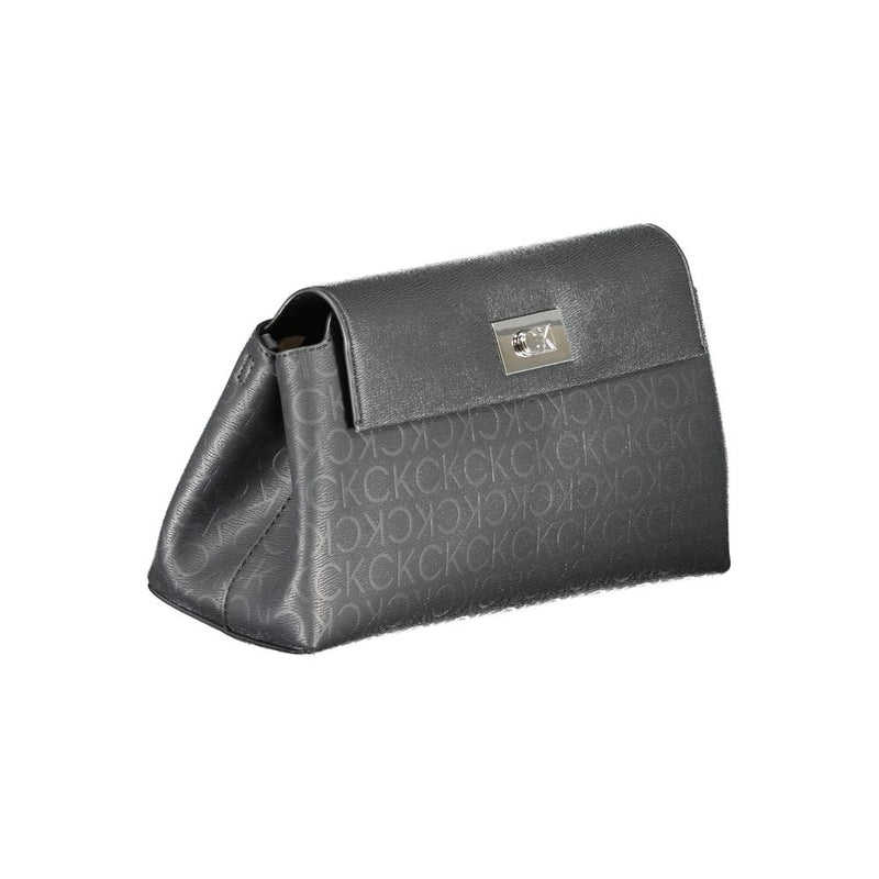 Black Calvin Klein polyester shoulder bag with a monogram pattern and flap closure