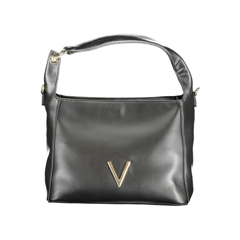 Black polyurethane women's shoulder bag with a gold V logo and top handle