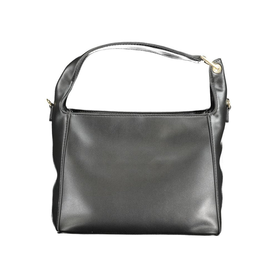 Black polyurethane women's shoulder bag with a gold V logo and top handle