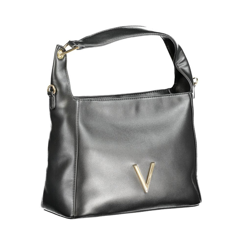 Black polyurethane women's hobo shoulder bag with gold V logo