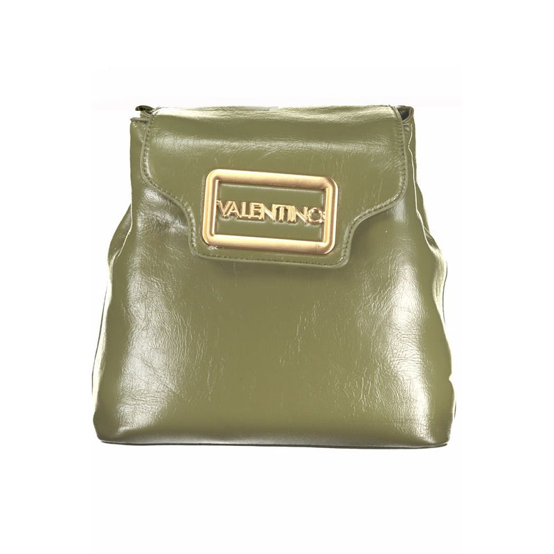 Green polyurethane women's backpack with a gold logo clasp
