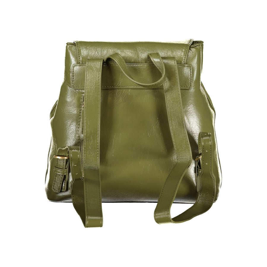 Green polyurethane women's backpack with a gold logo clasp