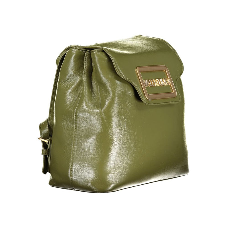 Green polyurethane women's backpack with a top flap and gold-tone logo plaque