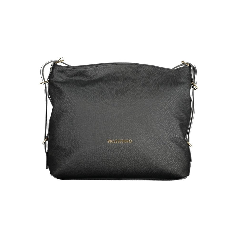 Black polyurethane women's shoulder bag with gold lettering