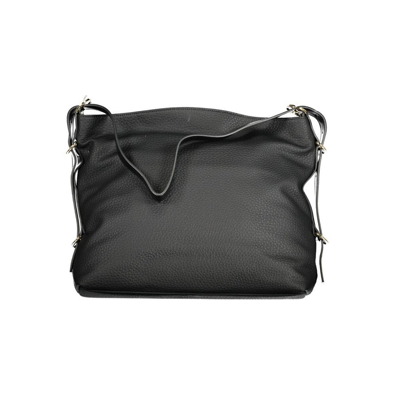 Black textured polyurethane shoulder bag with long strap and side hardware details