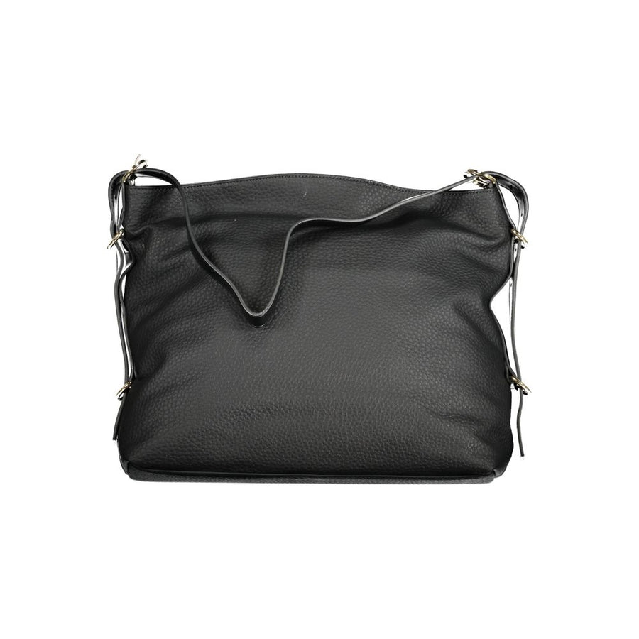 Black polyurethane women's shoulder bag with gold lettering