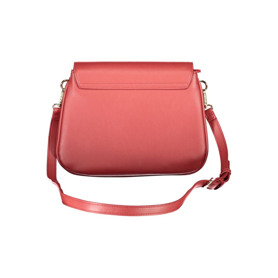 Red polyurethane women's crossbody bag with a round gold Valentino logo clasp
