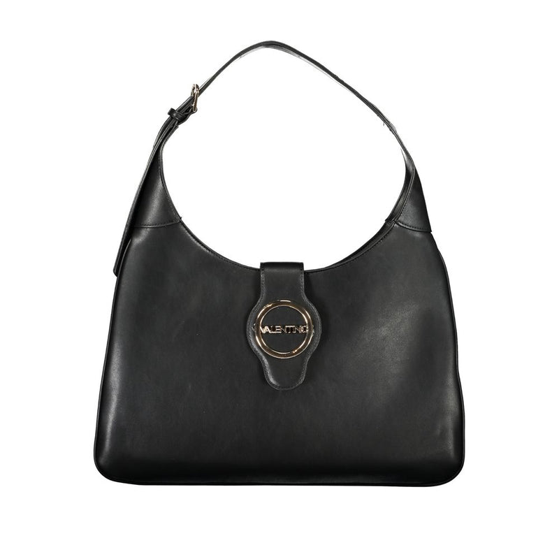 Black polyurethane shoulder bag with gold-tone hardware and central logo clasp