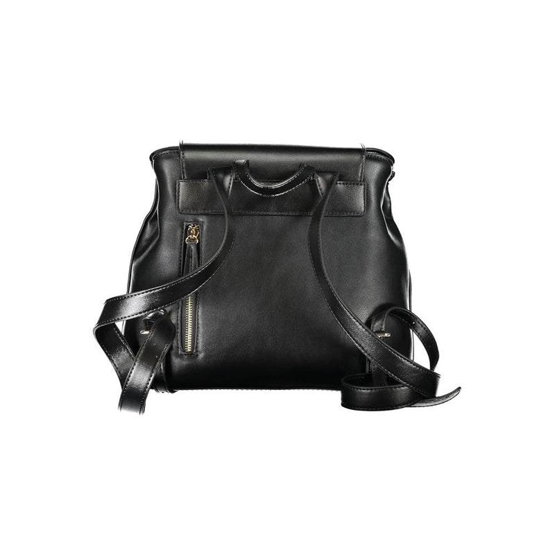 Black polyurethane women's backpack shown from the back with straps and zipper detail