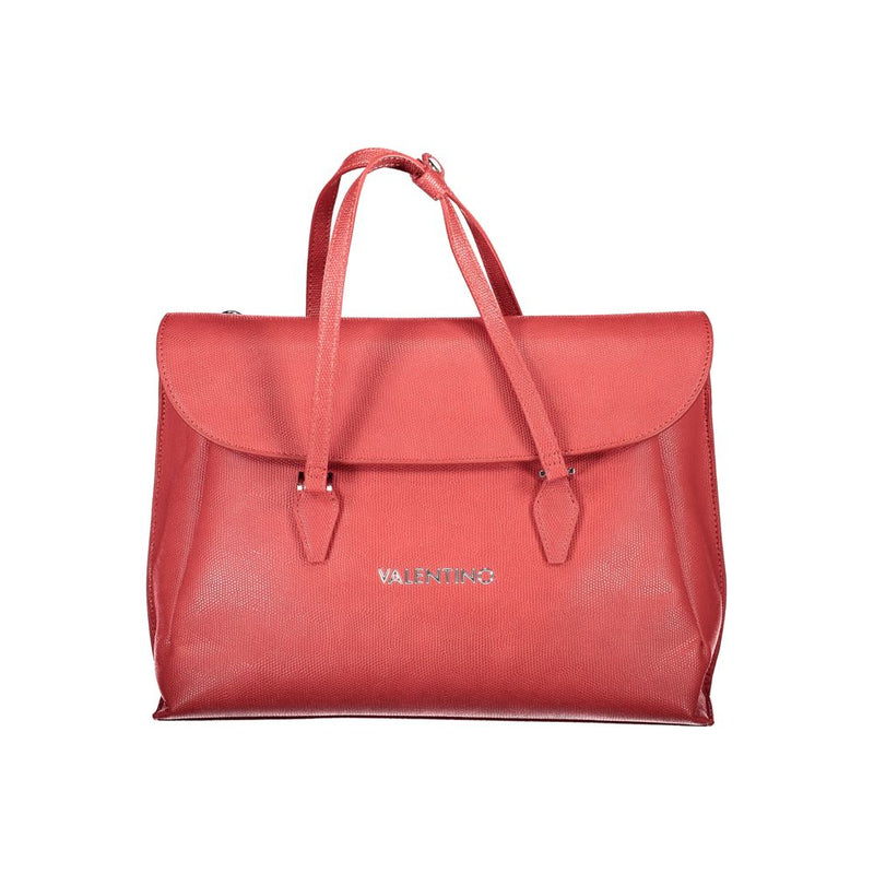 Red textured polyurethane tote bag with dual top handles and a front flap closure