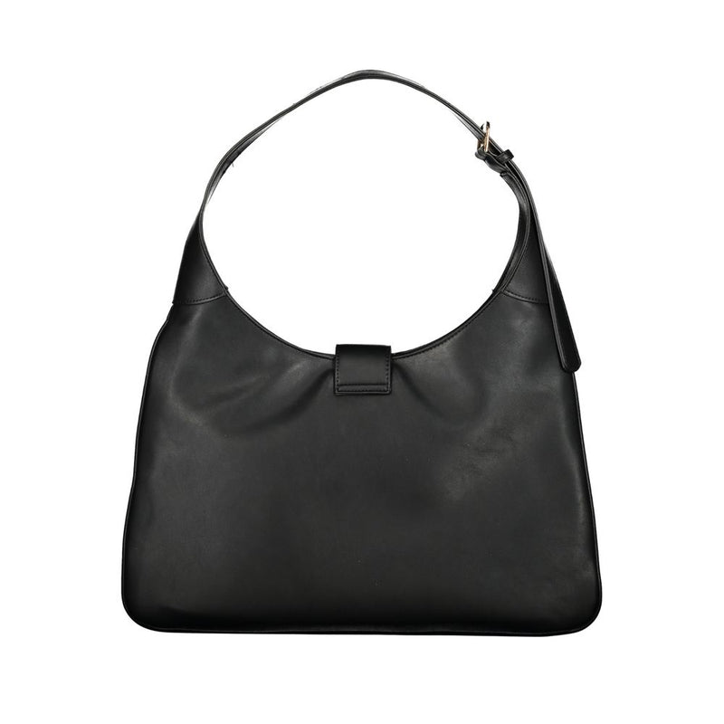 Black polyurethane women's hobo bag with a single shoulder strap and buckle closure