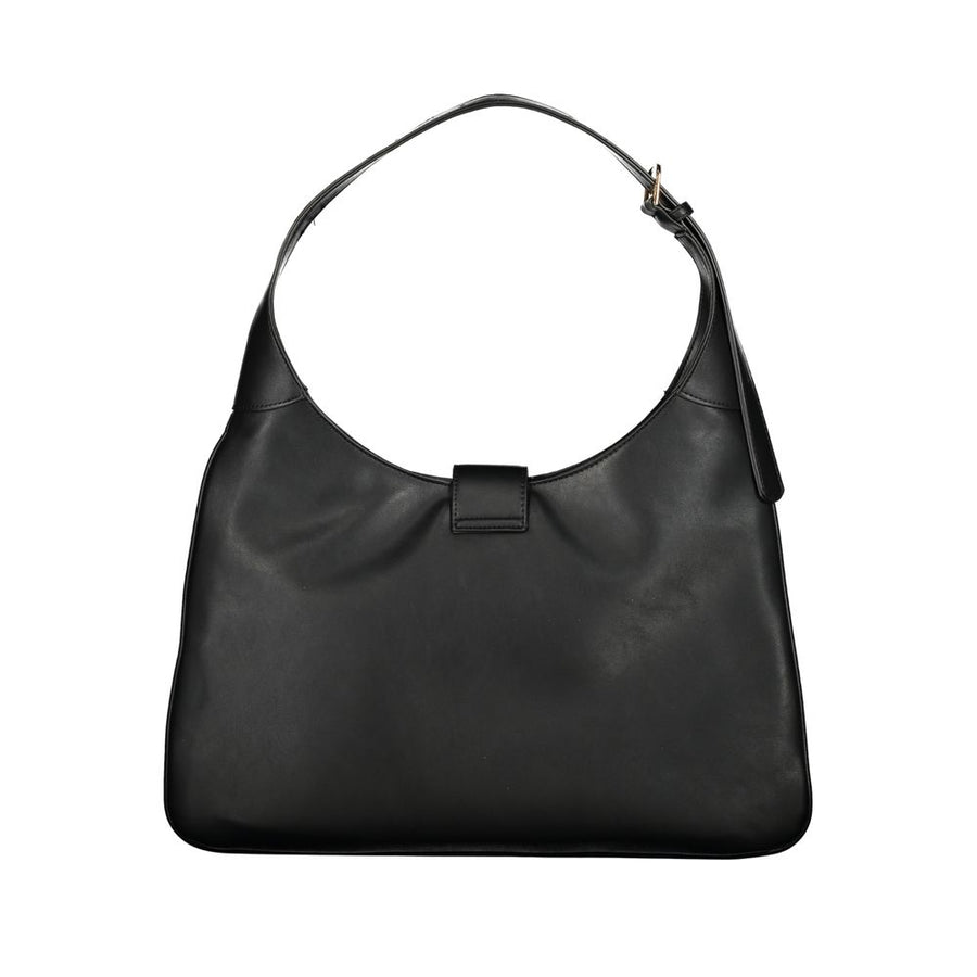 Black polyurethane shoulder bag with gold-tone hardware and central logo clasp