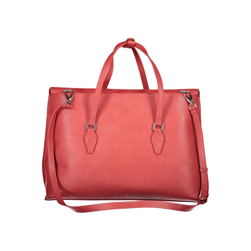 Red polyurethane structured tote bag with dual top handles and a detachable shoulder strap
