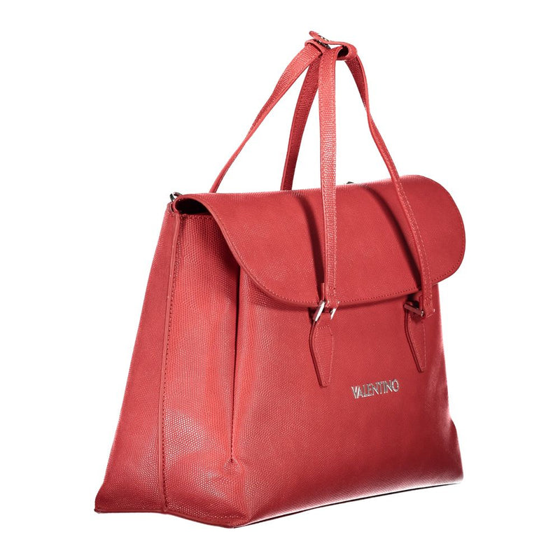 Red polyurethane tote bag with double shoulder straps and flap closure