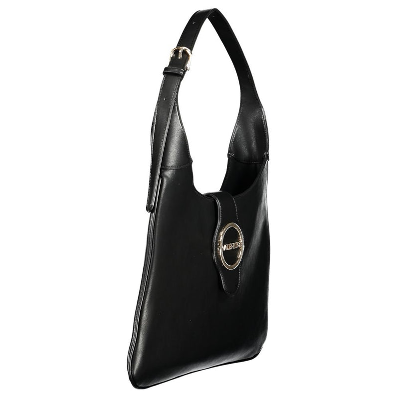 Black polyurethane shoulder bag with an adjustable strap and gold logo hardware