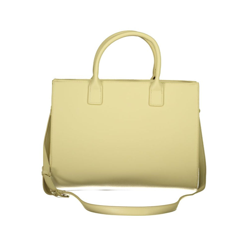 Pale yellow polyurethane structured tote bag with top handles and a shoulder strap