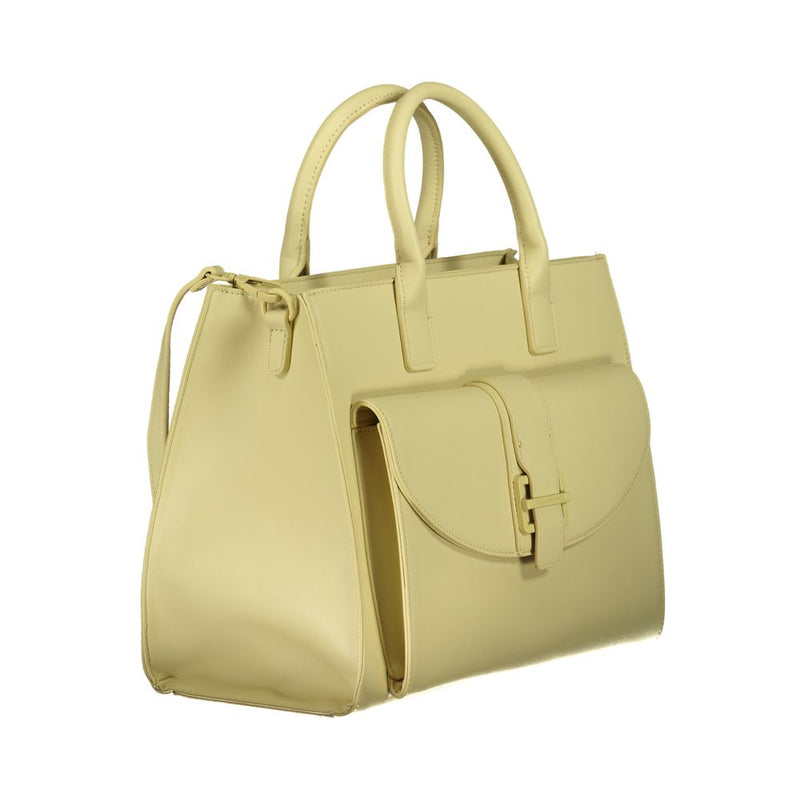 Light yellow polyurethane Mario Valentino tote bag with dual top handles and a front flap pocket