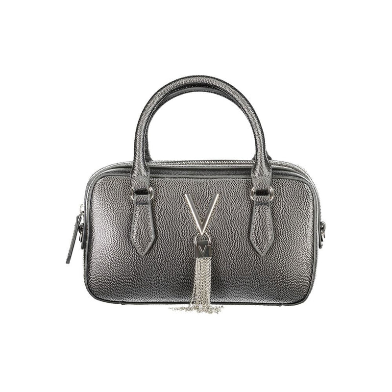 Metallic silver polyurethane handbag with top handles and a chain tassel charm