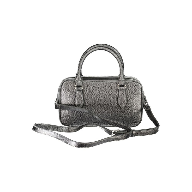 Metallic silver textured polyurethane satchel with top handles and a crossbody strap
