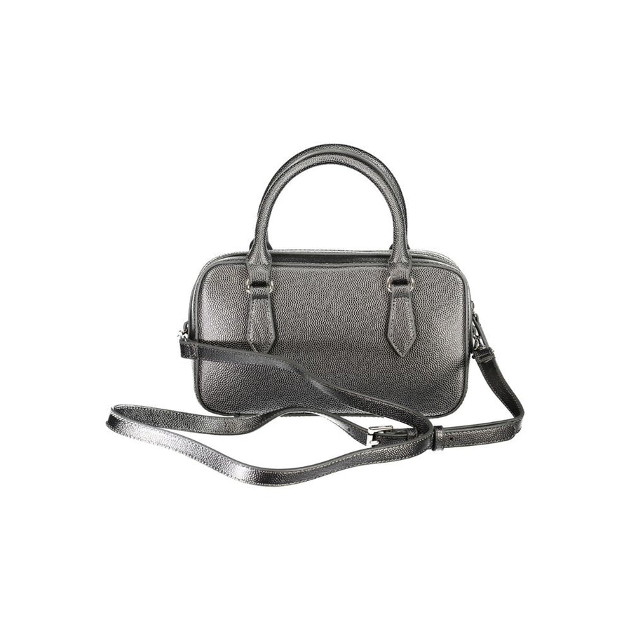 Metallic silver polyurethane handbag with top handles and a chain tassel charm