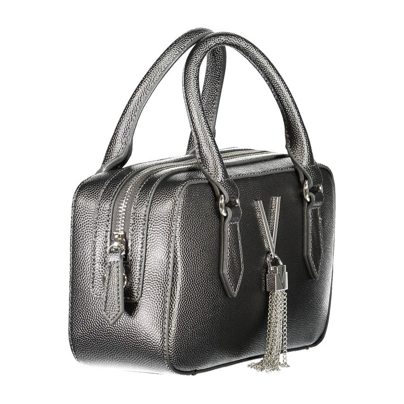Textured metallic silver polyurethane handbag with double handles and a dangling chain lock accent