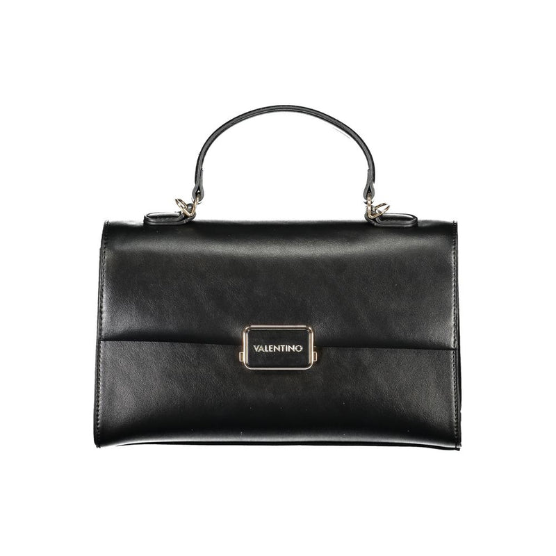 Black polyurethane structured handbag with a top handle and gold Valentino logo clasp