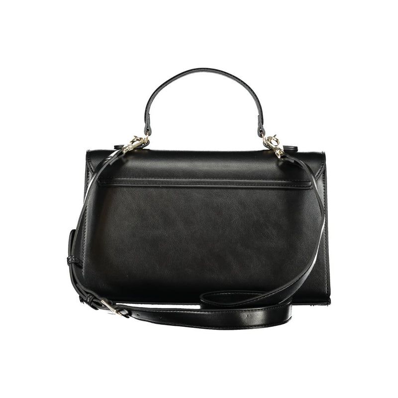 Black polyurethane structured women's handbag with top handle and crossbody strap
