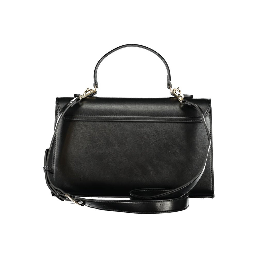 Black polyurethane structured handbag with a top handle and gold Valentino logo clasp