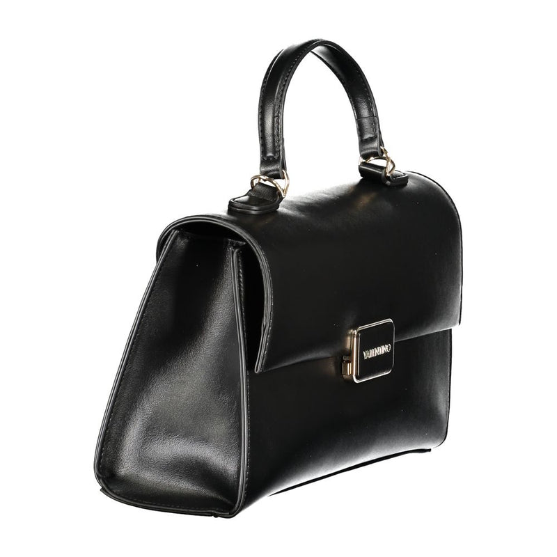 Black polyurethane structured handbag with a top handle and clasp closure