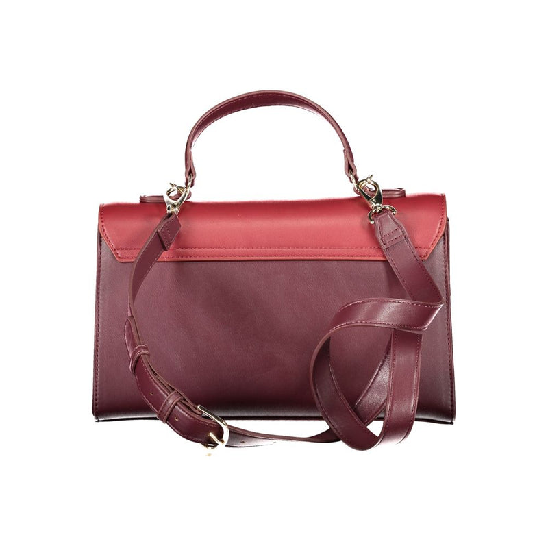 Burgundy and red polyurethane structured handbag with top handle and detachable shoulder strap