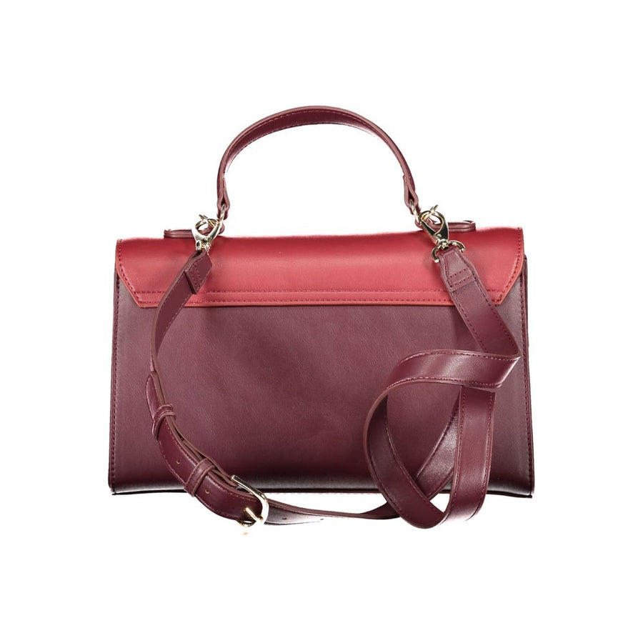 Red and maroon polyurethane structured women's top-handle handbag with a gold-tone clasp featuring the Valentino logo