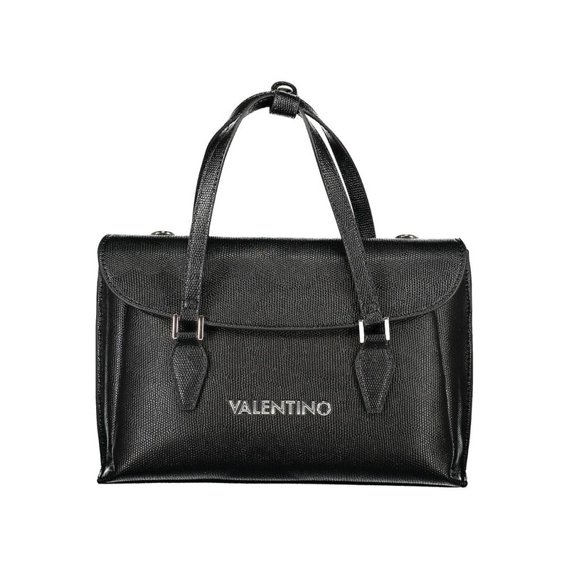 Black polyurethane textured handbag with top handles and silver Valentino logo
