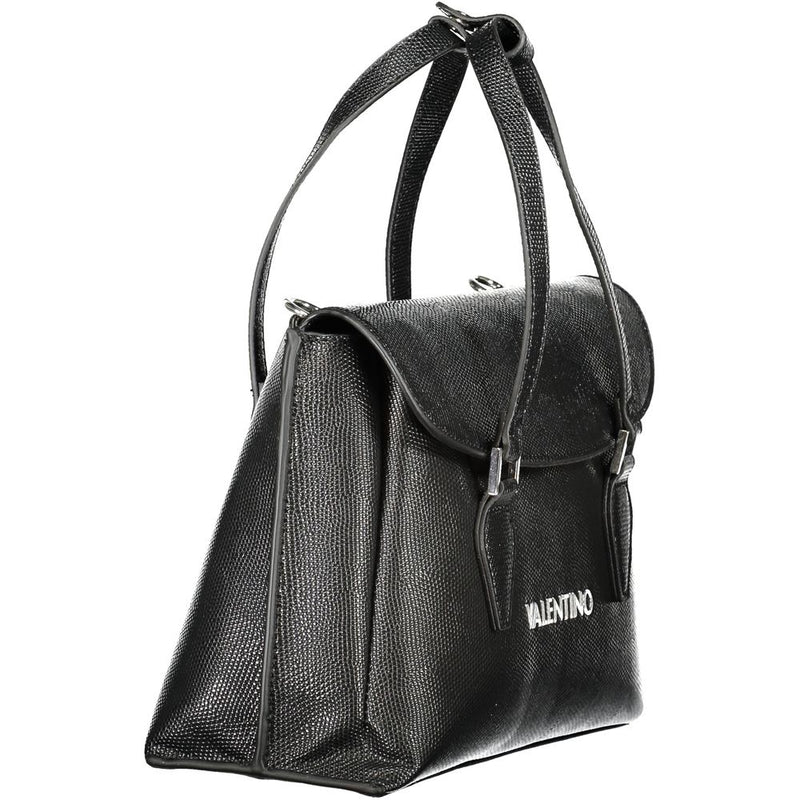 Black textured polyurethane handbag with dual straps and flap closure