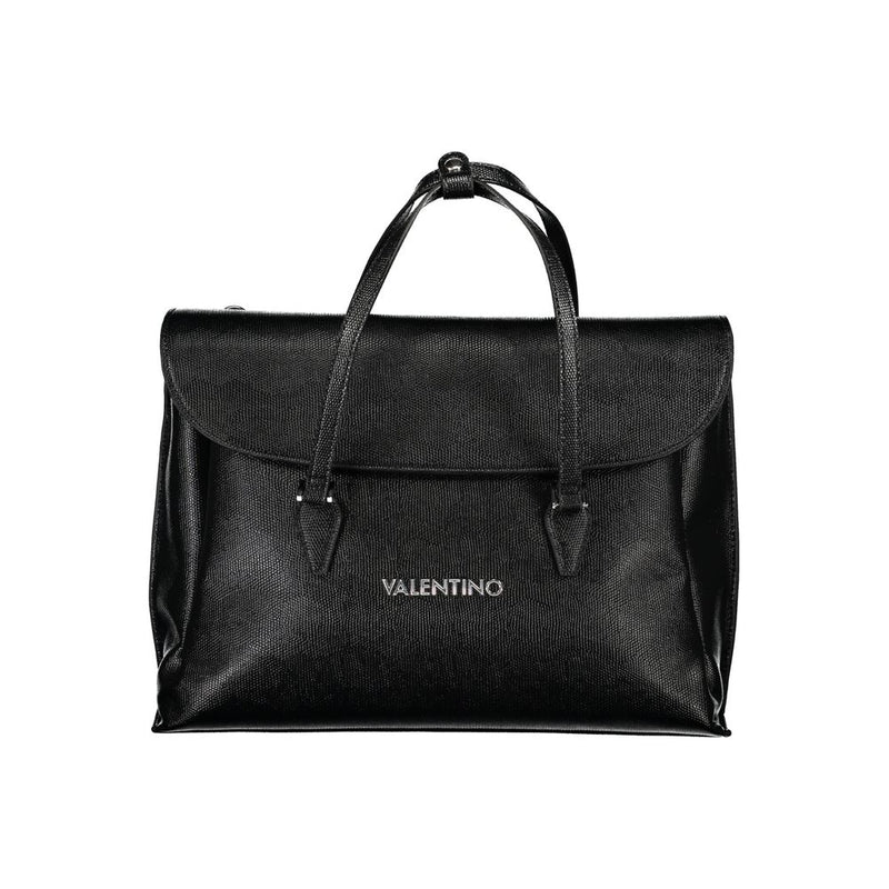 Black polyurethane textured women's handbag with top handles and flap closure