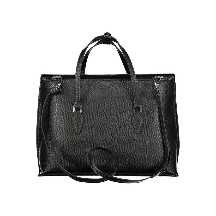 Black polyurethane textured women's handbag with top handles and flap closure