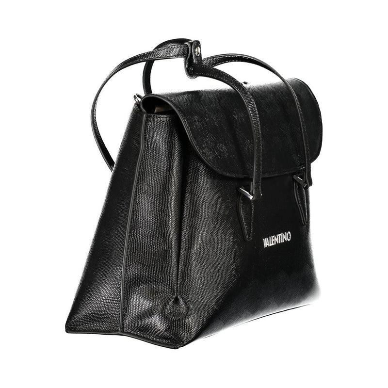 Black polyurethane women's shoulder bag with flap closure and dual straps