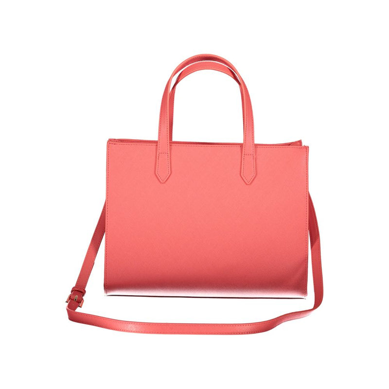 Pink polyurethane structured tote bag with dual top handles and a shoulder strap