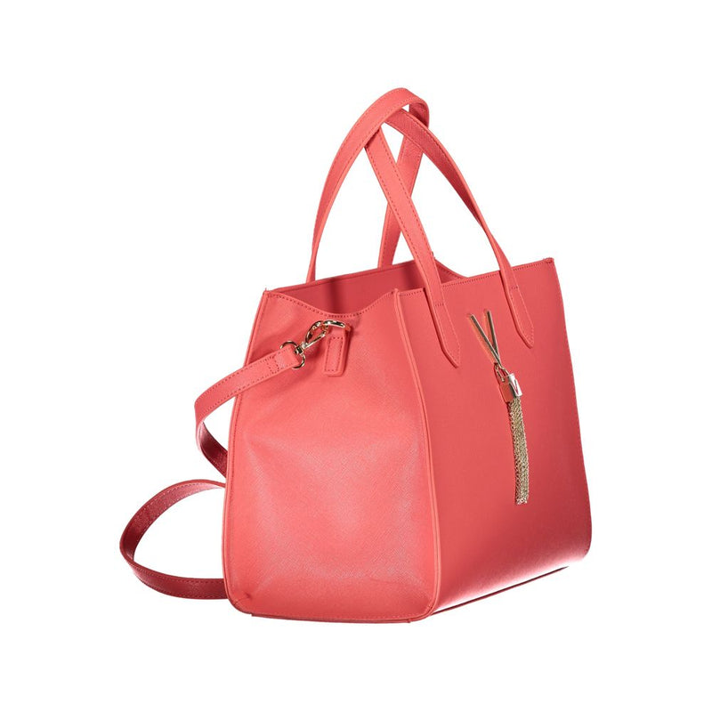 Pink polyurethane women's tote bag with dual top handles and a detachable shoulder strap