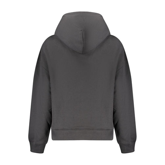 Back view of a black cotton women sweatshirt with a hoodie