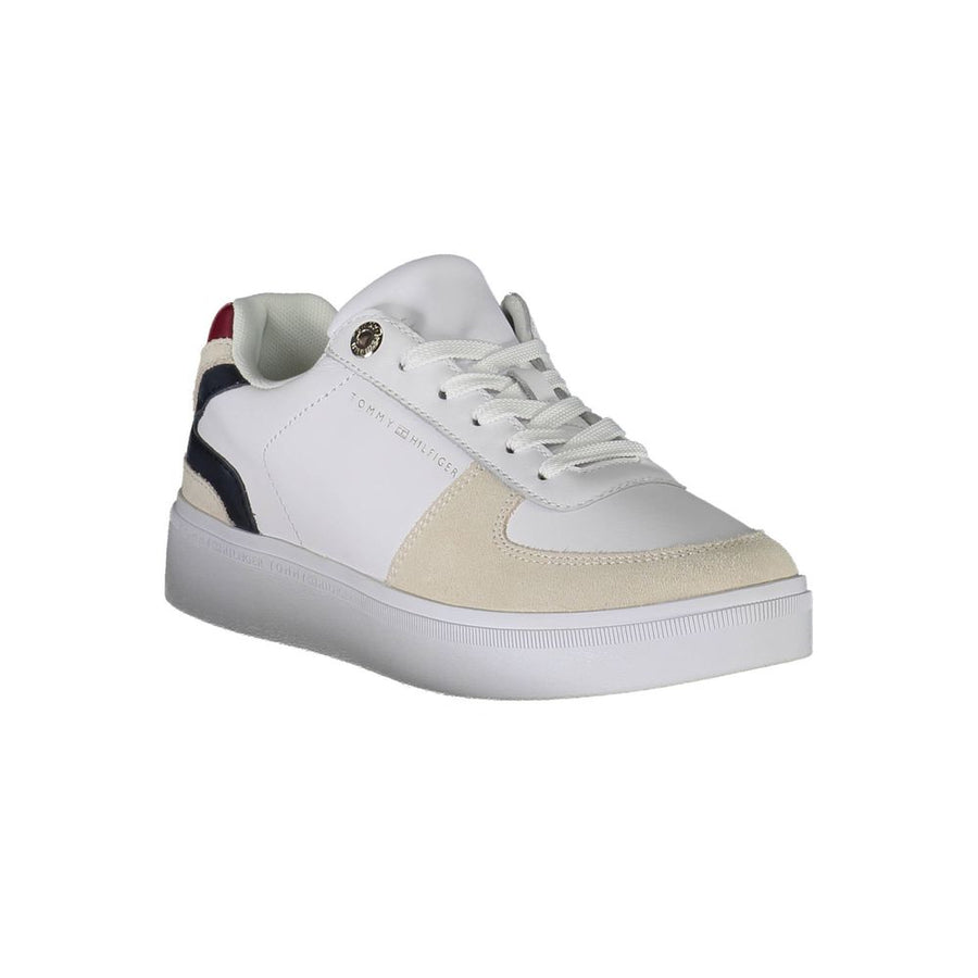 Tommy Hilfiger white polyester low-top sneaker with beige suede panels, navy curved detail, and maroon heel tab.