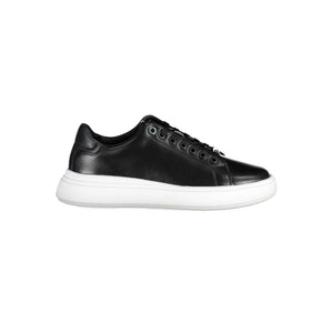 Calvin Klein women’s black leather low-top sneaker with a thick white rubber sole and tonal eyelets.